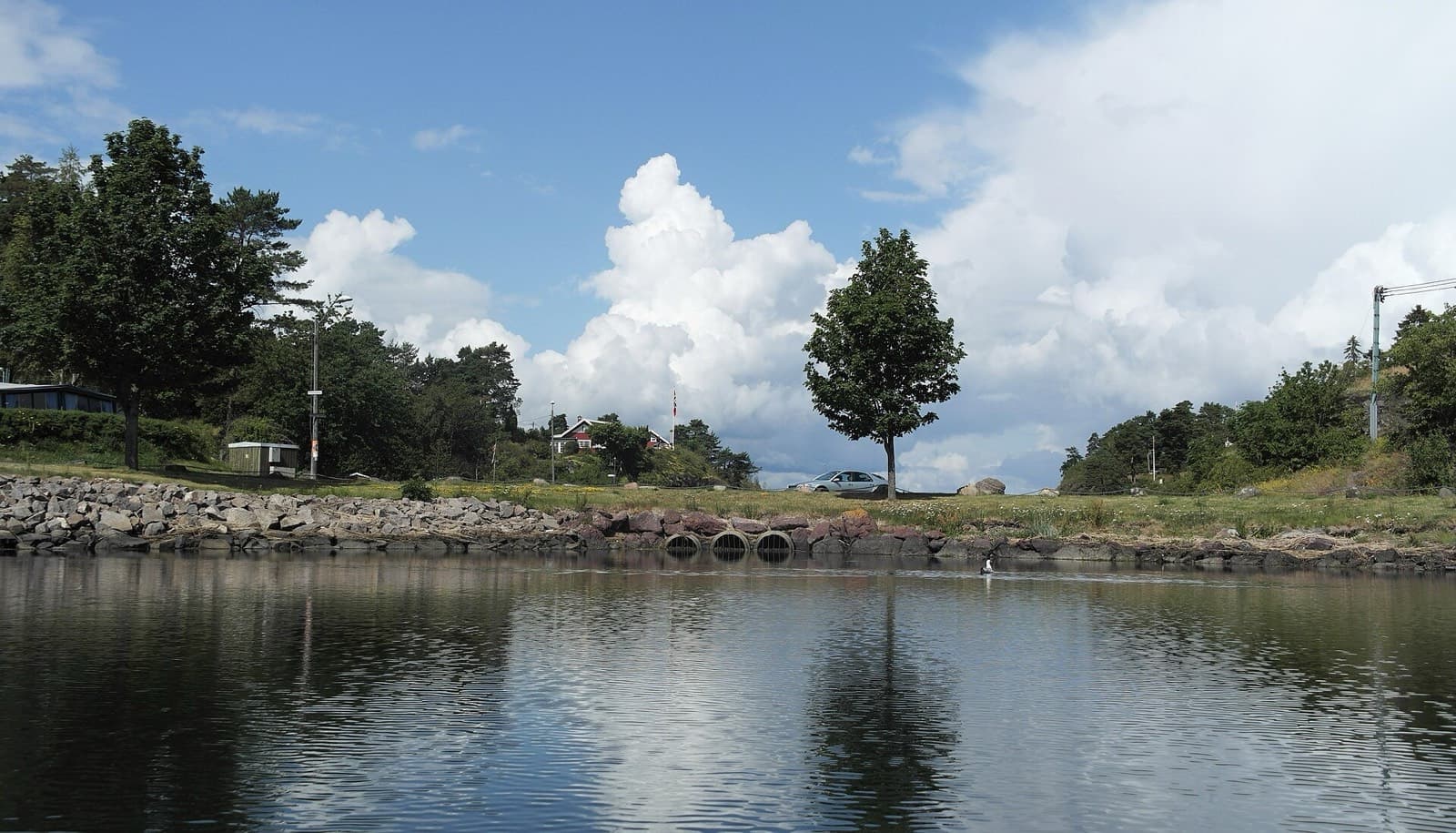Stille vann og skogkledd strand ved Løvøya